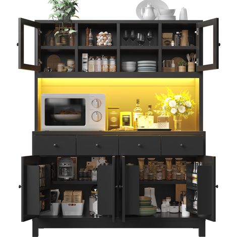 Meuble haut de buffet 140x38,5x180cm avec LED RGB pilotable par application, portes vitrées et 4 tiroirs, étagères réglables, charge max 100kg, noir (1/5)