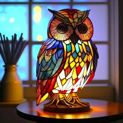 Lampe de table vintage en forme d'animal - Lampes de chevet en résine colorée pour décoration en forme d'animal, lampe de chevet en verre coloré, lampe de chevet, chouette (1/2)