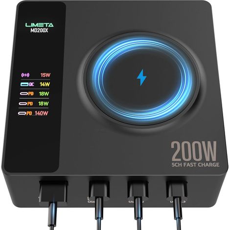 200W USB C Port Charger,5 Ports de Charge sans Fil avec Charge magnétique,Chargeur Mural (Max 140W),4 Ports USB C + 1 Port de Charge sans Fil,Compatible avec Les Ordinateurs Portables (1/5)