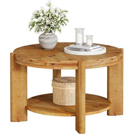 Tribesigns Round Coffee Table, 2-Tier Modern Center Table with Solid Fir Wood Tabletop, 80cm Mid-Century Inspired Circular Table for Small Space Living Room, Bedroom or Office (Rustic Brown Finish)