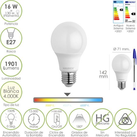 Bombilla Led Estandar Rosca E27. 16 Watt. Equivale A 130 Watt. 1901 Lumenes. Luz Blanca 4000º K.)