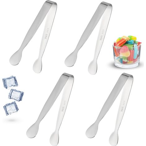 Lot de 4 mini pinces à sucre en métal - Petite pince à barbecue - 11 cm - Petite pince pour glace, salade, grille-pain, desserts, buffet, entrées, cuisine, pâtisserie et barbecue (1/5)