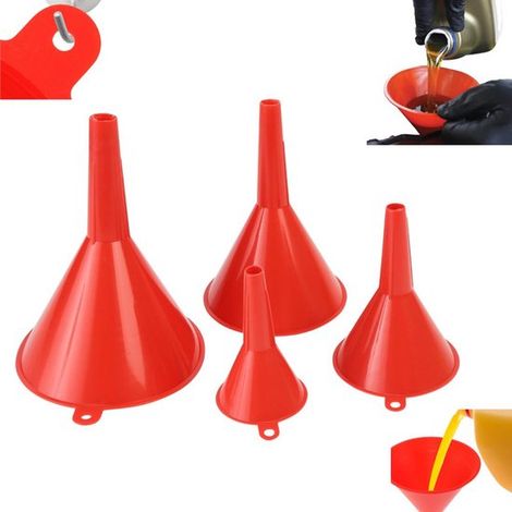Ensemble de 4 entonnoirs orange en plastique de qualité supérieure, idéal pour l'huile moteur, l'essence et autres liquides automobiles. Empilables et munis de trous de fixation pour garage. (1/5)