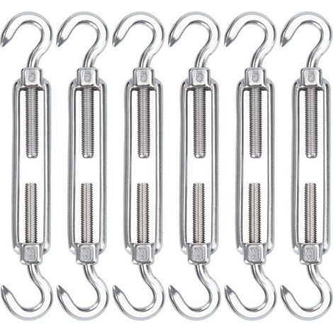 Lot de 6 Tendeurs de Câble en Acier Inoxydable M5 Crochets Réglables pour Installation de Toile d'Ombre Corde à Linge et Grillage (1/4)