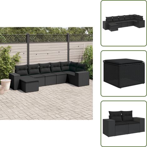 The Living Store Salon de jardin 7 pcs avec coussins noir résine tressée - Ensemble Salon De Jardin - Meuble De Jardin - Mobilier Extérieur - Salon De Jardin Design - Fauteuil De Jardin (1/5)