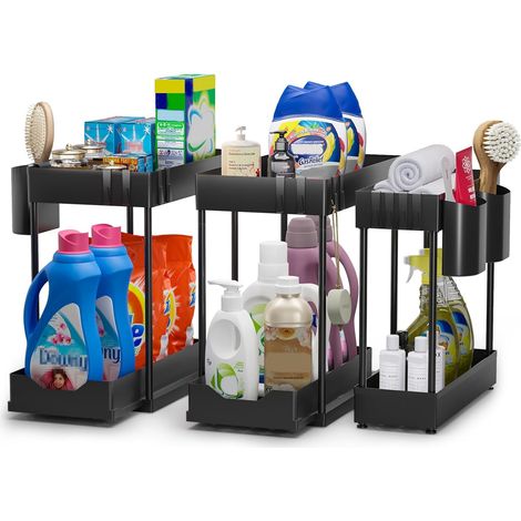 Lot de 3 Rangement sous évier à 2 niveaux avec 12 crochets et 3 gobelets, Organiseur coulissant tiroir pour cuisine salle de bain, Noir (1/5)