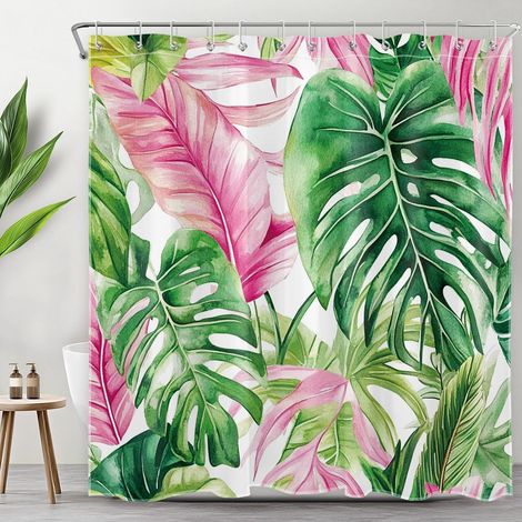 Feuille Palmier Verte Rideaux de Douche 180x180cm Feuilles bananier Roses Rideaux de Bain avec Crochets,Forêt Tropicale Abstraite Imperméable Polyester Anti Moule Salle de Bain Décor (1/5)