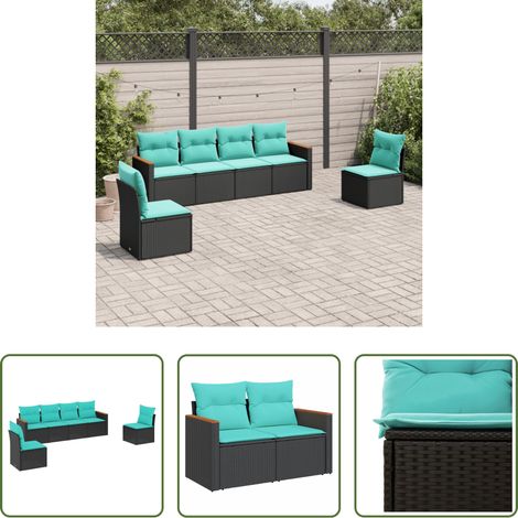 Terrassensofa - 6-teiliges Gartensofa-Set mit Kissen, schwarzes Polyrattan (1/5)