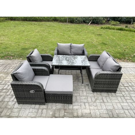 Fimous Polyrattan Garten Esstisch Set Gartenmöbel Sofa mit Rechteckiger Esstisch 2 Großer Hockern Dunkelgrau Gemischt (1/5)