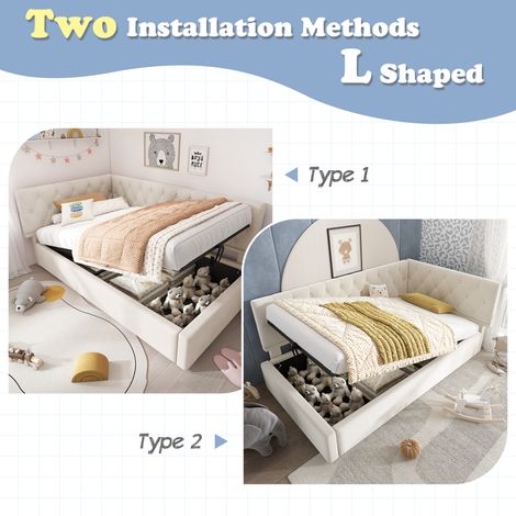Lit pliant de jour 90x200 cm. Canapé convertible, espace de rangement hydraulique, pour enfants/adolescents. Structure et sommier en bois, tissu velours beige, pas de matelas. (1/5)