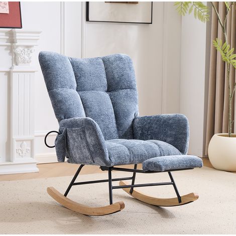 Silla mecedora de dormitorio, respaldo alto, reposabrazos, compartimento lateral, chenilla azul (1/5)