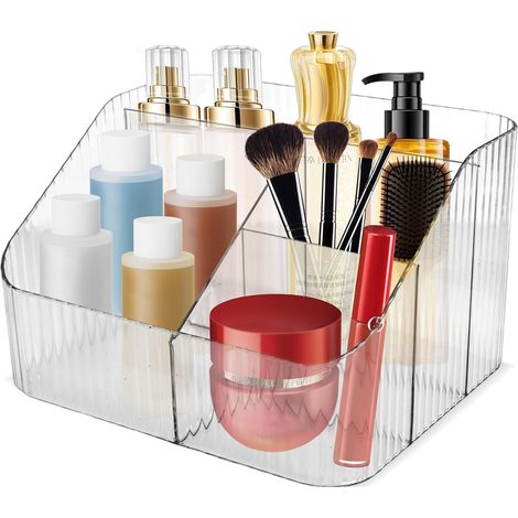 Elegante y compacta caja transparente con compartimentos modulares para maquillaje y cuidado de la piel, para usar sobre un escritorio o tocador. (1/5)