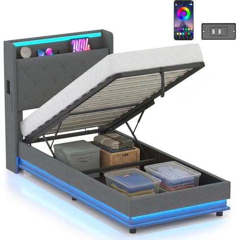 HOMCOM Lift up Storage Bed Frame with RGB LED Lights, 90 x 190cm, Dark Grey (1/5)