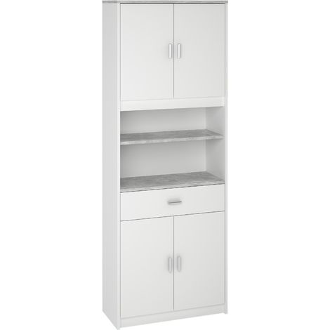 Buffet / Meuble de rangement coloris blanc/gris béton - Hauteur 180 x Longueur 67 x Profondeur 31 cm -PEGANE- (1/2)