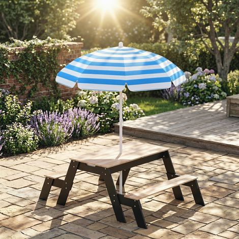 Table de pique-nique enfants avec parasol, 3 en 1 salon de jardin en bois pour enfants 3-6 ans avec 2 boîtes, naturel (1/5)