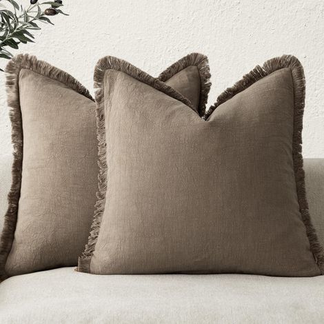 Ensemble de 2 Housses de Coussin décoratives à Franges en Lin de Style Rustique et Confortable avec Pampilles, taie d'oreiller Douce pour canapé, Sofa, lit, Salon, décoration d'intérieur, (1/5)