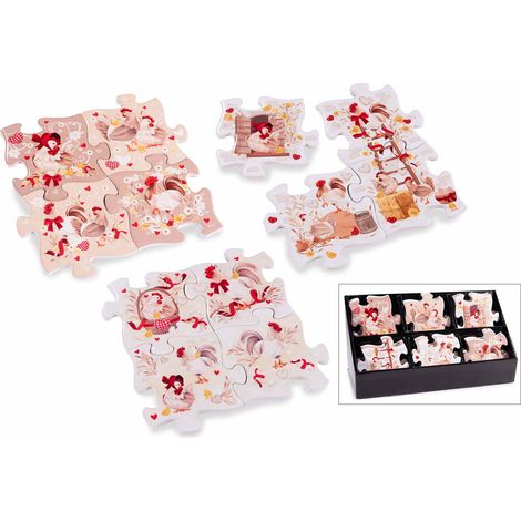 Sottobicchiere a forma di puzzle in ceramica decori gallinelle con base in sughero in espositore, set da 24 pezzi, cm 11 x 11 H
