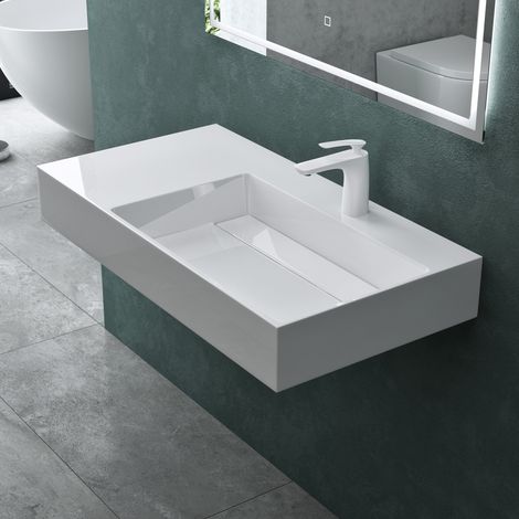 Mai & Mai Lavabo Suspendu Vasque à Poser Blanc 90cm Evier Lave Mains Salle de Bain sans Trop-plein Col12-900 R