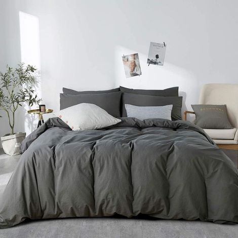 Housse de Couette 200 x 230 cm Coton Gris Anthracite Couleur Unie - Parure de Lit 2 Personnes avec Fermeture Éclair - Aspect ridée Naturel Housse Couette avec 2 Taie d'oreiller 65x65 cm (1/5)
