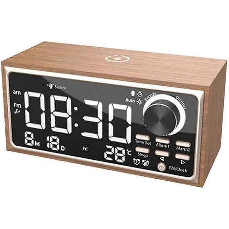 Horloge rétro en bois massif avec radio FM, chargement sans fil, affichage LED, contrôle de la luminosité et fonction calendrier, compatible avec les bureaux de chambre. (1/5)