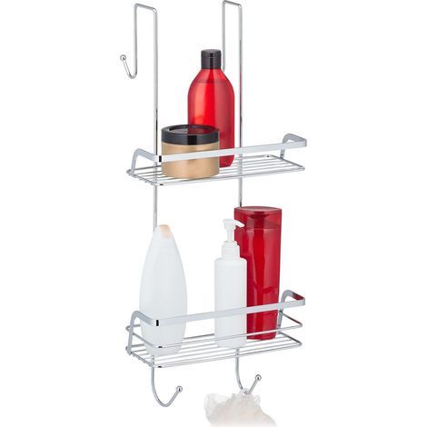 Étagère de Douche à Suspendre, 2 paniers, 4 Crochets, Rangement shampoing sans perçage, en Fer chromé, argenté (1/5)