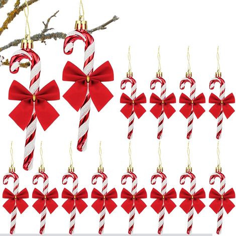 Lot de 12 décorations de Noël en sucre d'orge à suspendre - Décoration de Noël -Décoration de Noël à suspendre (sucre rouge avec nœuds) (1/5)