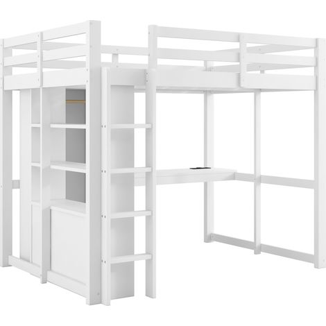 Letto a soppalco 140x200 bianco con scrivania integrata, 2 cassetti, mensole, LED e USB, HOMVRA (1/5)