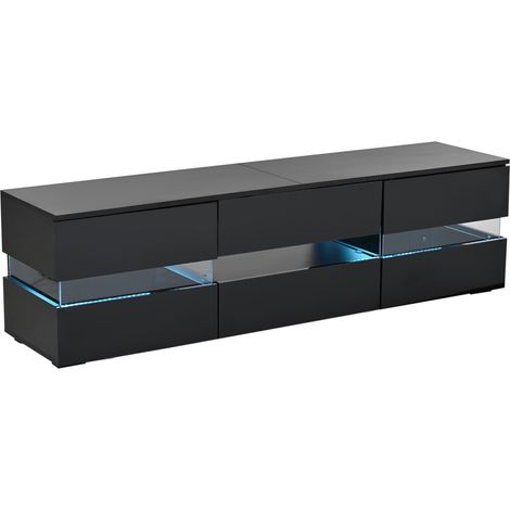 Meuble TV moderne noir brillant avec LED, 2 portes, 1 tiroir, pour TV jusqu'à 70 pouces, 160x39x45 cm (1/5)