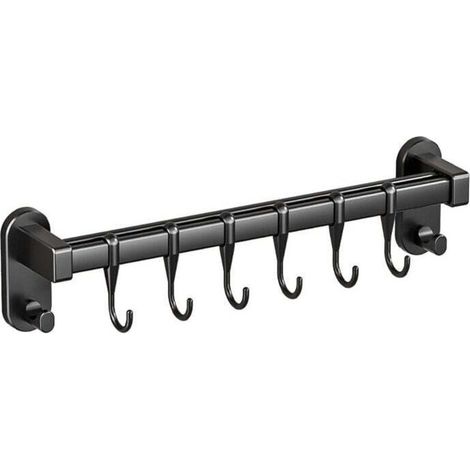 Stainless steel wall-mounted utensil holder with 6 movable hooks for kitchen and bathroom (grey black) MUMU