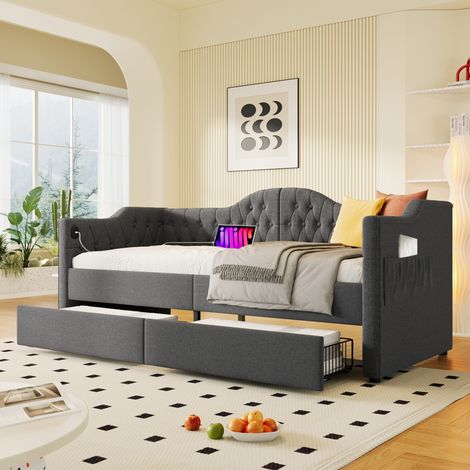 Bett Daybed Vintage 90x200 cm aus grauem Leinen, mit gepolstertem Kopfteil, USB/Type-C und 2 Schubladen (1/5)