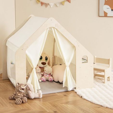 Tente de jeu enfant avec tapis, table, chaise, coffre de rangement et tableau noir pour chambre, salle de jeux et jardin (1/4)