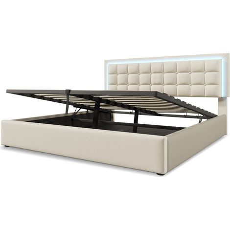 CAIziLit rembourré avec sommier à lattes et espace de rangement, lit double avec barre lumineuse LED intégrée, cadre de lit 180x200cm, lit de rangement multifonction, revêtement en similicuir blanc (1/5)