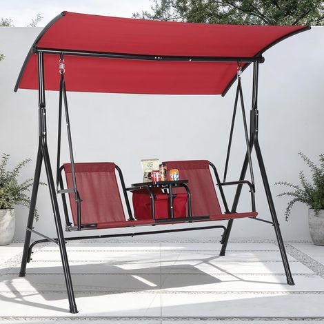Balancelle D'extérieur 2 Places avec Auvent Réglable, Coussin de Siège Rayé Extra-Épais, Cadre en Acier, Table de Rangement Rotative, Porte-Gobelets et Sacs Isothermes(Rouge) (1/5)