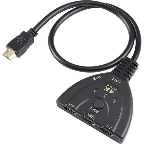 Commutateur HDMI 4K 30 Hz 3x1 avec câble HDMI et prise en charge de l'alimentation externe. (1/4)
