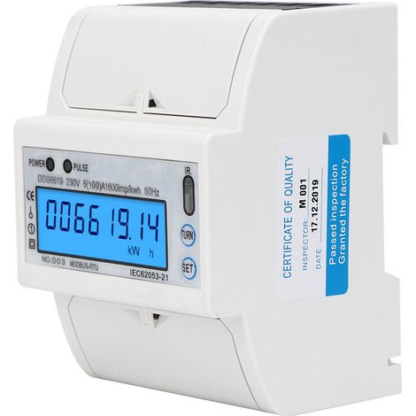 Compteur électrique monophasé 4P DIN rail, affichage LCD, mesure de consommation kWh, dispositif de mesure électronique pour tableau, compteur d'énergie 1 phase, 190A, précision classe B, installation (1/5)