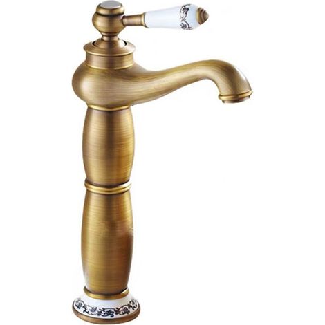 Robinet Mitigeur Lavabo Cuivre Style Européen Rétro, Robinetterie Salle de Bain avec Flexible, Compatible Vasque à Poser, Design Antique Céramique et Lampe Haute-lsw