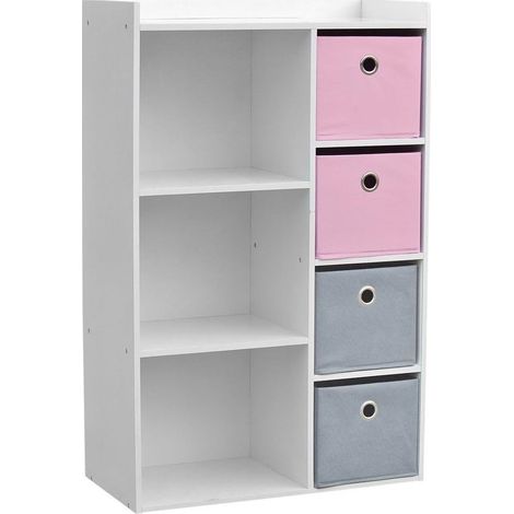 Commode enfant en bois MDF blanc – Dimensions 62x29,5x96 cm – 4 paniers de rangement rose et gris – Meuble pratique pour jouets et vêtements – Wadiga