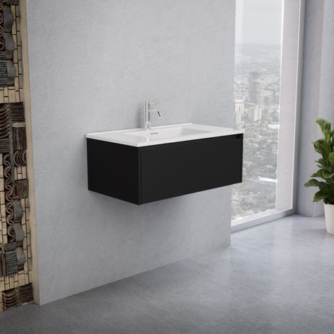 Inda - Badezimmerschrank 1 Schublade B.80 mit glänzendem Waschbecken / Mattschwarz - Smeraldo (1/5)