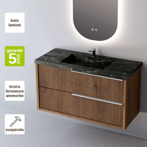 Meuble de salle de bain plan vasque Grès Cérame Noir Allure, 2 Tiroirs Chêne Foncé, Poignée Inox Satiné, l80xh54xp45, Effet 3D, TREND (1/3)