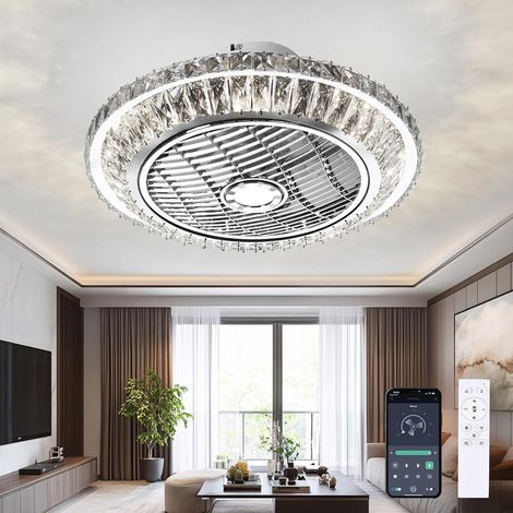 Ventilateur de plafond en cristal avec éclairage LED, plafonnier LED moderne 72W à intensité variable, vitesse de ventilation réglable. (1/5)