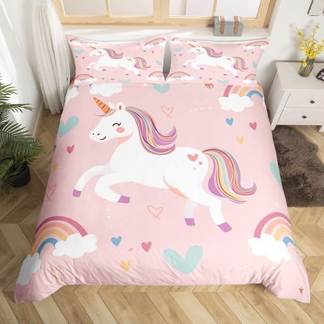 Housse de Couette 220x240 Fille Licorne, Parure de Lit Enfant 2 Personnes Licorne Arc-en-Ciel, Sets de Housses de Couettes Cœur Arc-en-Ciel Kawaii Couvre Lit Princesse, Réversible (1/5)