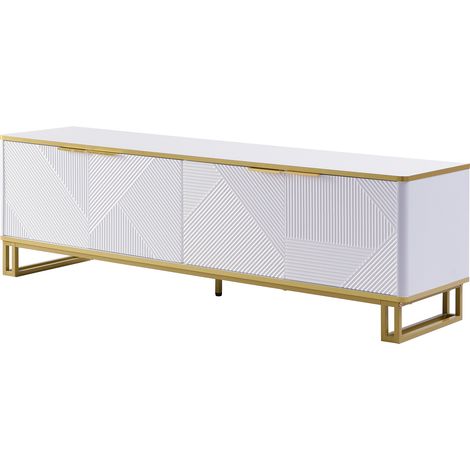 Mueble TV con 4 Puertas y Pasacables, Relieve Geométrico, Estructura Metálica, en MDF, 160×37,5×48 cm, Blanco (1/5)