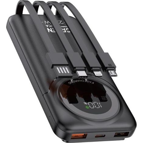 Power Bank 10000mAh com 4 Cabos Integrados (Lightning, Micro-USB, Type-C) e Tela LED (1/2)