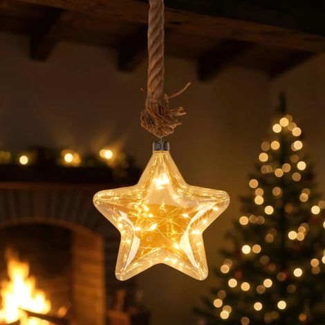 LED Glas Weihnachtsstern silber zum Hängen mit Timer - Ø 20 cm - Stern Dekohänger warm weiß beleuchtet Batterie betrieben
