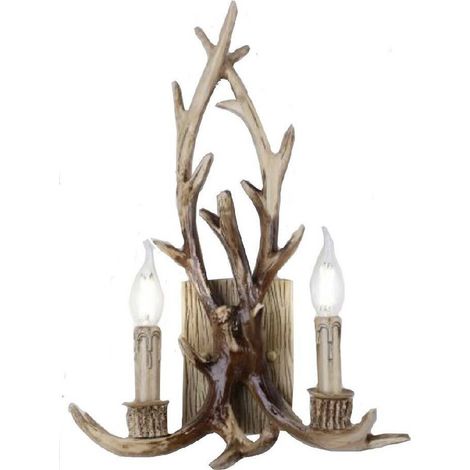 TrAdE Shop Traesio - Applique Country A Forma Di Corna Di Cervo Lampada Muro Retro 2 Portalampada E45 - Marrone (1/2)