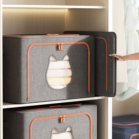 Borsa porta abiti con struttura in acciaio - Grande capacità - Contenitore pieghevole - Organizzatore per armadio con finestra a forma di gatto grigio (1/4)