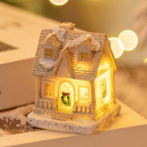 Décoration de Noël en résine avec maison miniature lumineuse LED, maison de village de Noël, décoration festive intérieure, style C