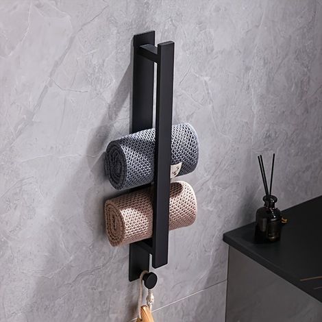 Toallero de baño negro con dos ganchos, no requiere taladrar, apto para montaje en pared, fabricado en acero inoxidable, acabado mate (41 cm).