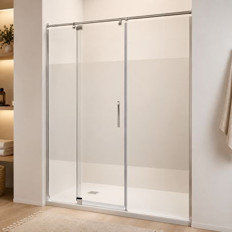 Paroi de douche Fixe + Porte Pivotante Ajustable - 150 à 160 cm - Poignée à Droite - Sablée (1/5)