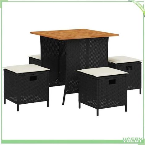 Ensemble à manger de jardin - FAFEICY - 365420 - Résine tressée noire - Table acacia 76x76x74 cm - 4 tabourets + coussins (1/5)
